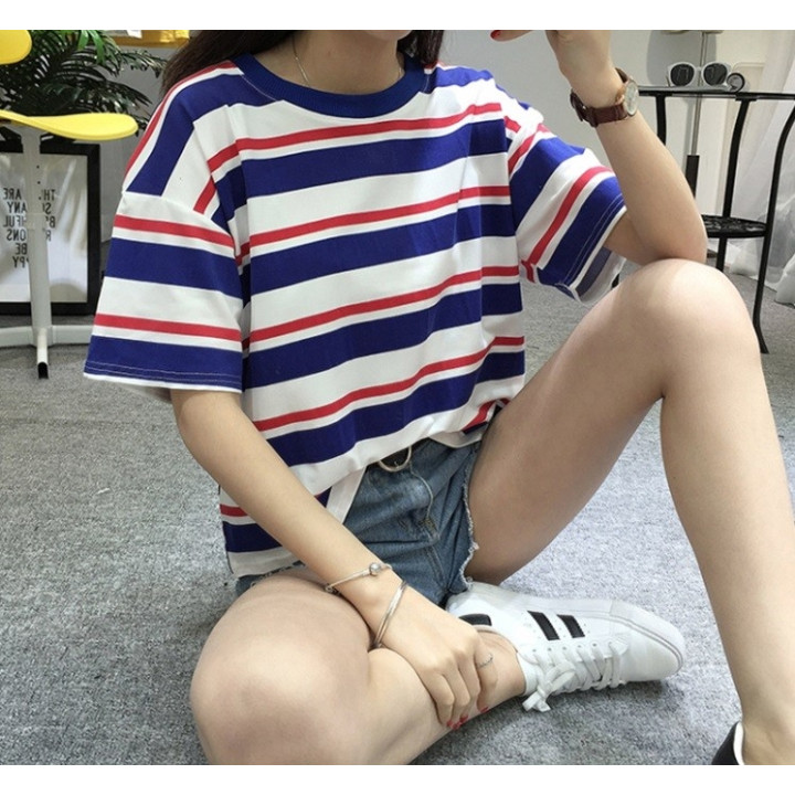 T-Shirt coréen rayures bleues et rouges