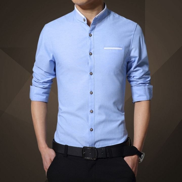 Chemise col mao liseré blanc manches longues