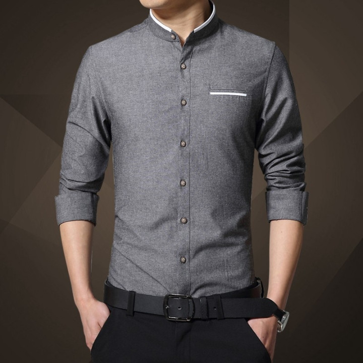 Chemise col mao liseré blanc manches longues