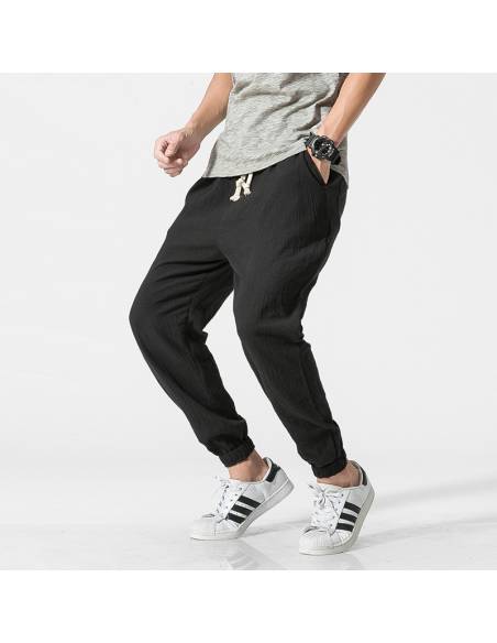 Vetement japonais - Pantalon Coton Lin Casual Harem - noir plié