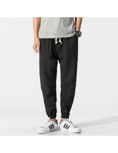 Vetement japonais - Pantalon Coton Lin Casual Harem - noir face