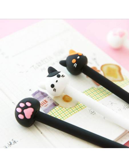 Stylo japonais coréen kawaii tête de chat - noir blanc
