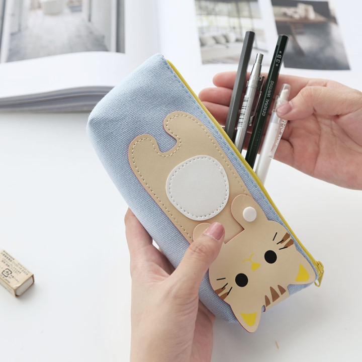 Trousse japonaise coréenne kawaii Chat - bleu crayons
