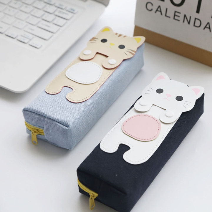 Trousse japonaise coréenne kawaii Chat - noir et bleu posé