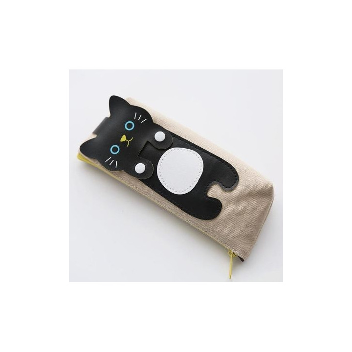 Trousse japonaise coréenne kawaii Chat - beige noire