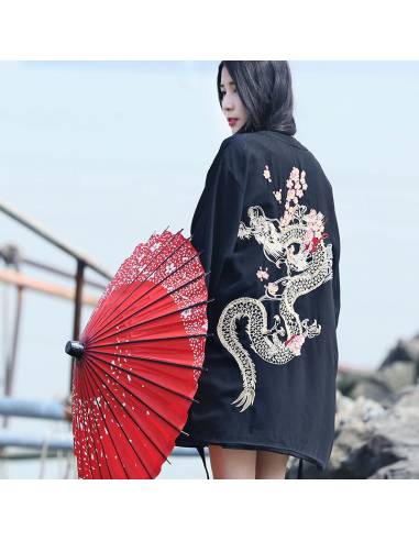 Kimono japonais - vintage été Harajuku dragon broderie - noir dos debout
