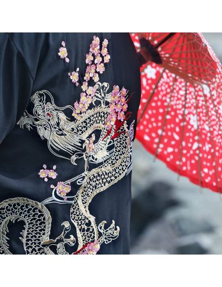 Kimono japonais - vintage été Harajuku dragon broderie - noir zoom dragon