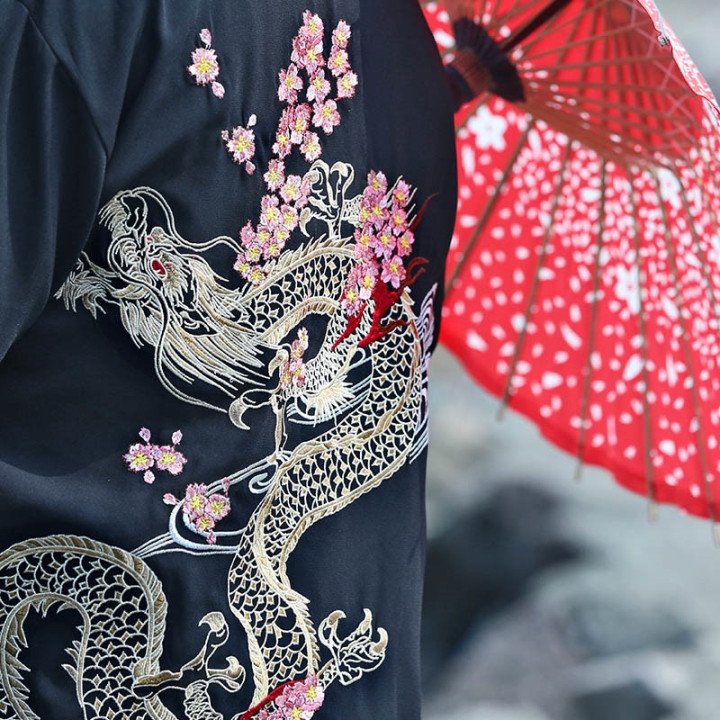 Kimono japonais - vintage été Harajuku dragon broderie - noir zoom dragon