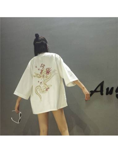Kimono japonais - vintage été Harajuku dragon broderie - blanc dos