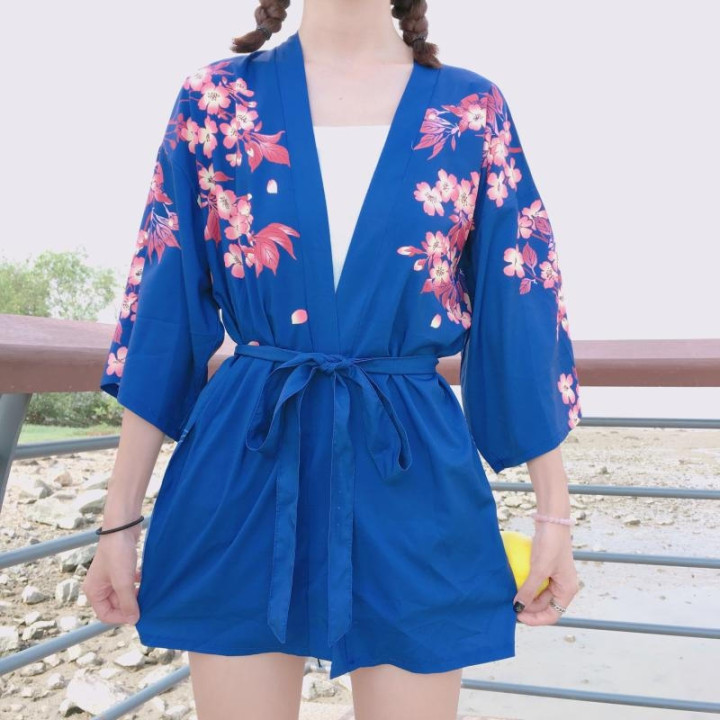 Kimono japonais Manches courtes Col V Poissons - bleu face