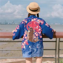 Kimono japonais Manches courtes Col V Poissons - bleu dos