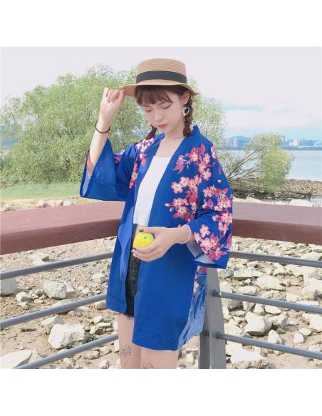 Kimono japonais Manches courtes Col V Poissons - bleu biais