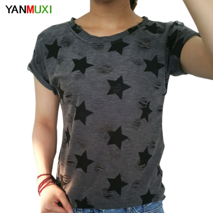 Vetement japonais coréen - T-shirt étoiles vintage casual - noir face