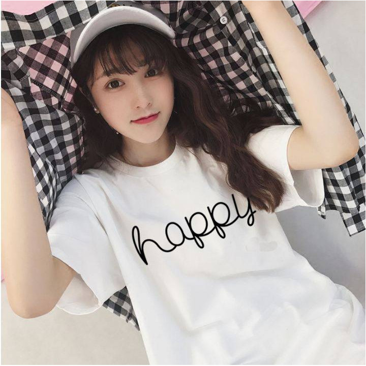 T-shirt coréen Korean style Casual Happy blanc