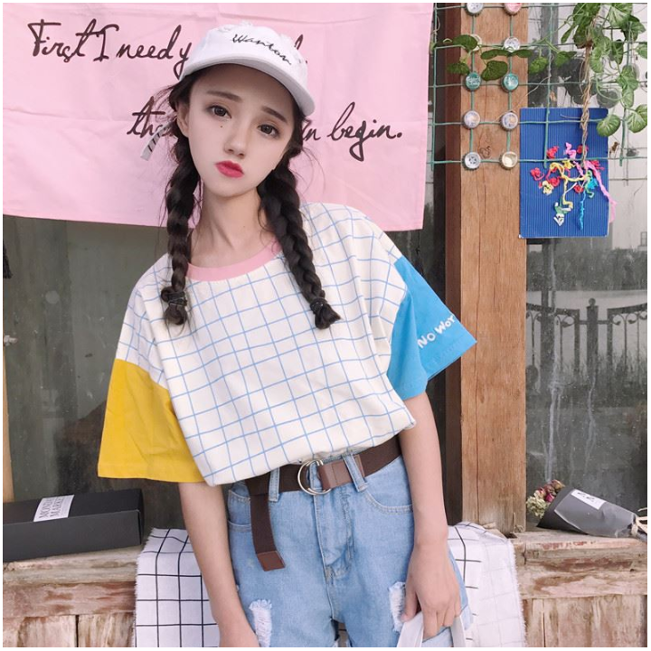 T-shirt Harajuku tricolore quadrillé