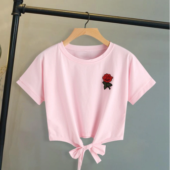 T-shirt court broderie rose