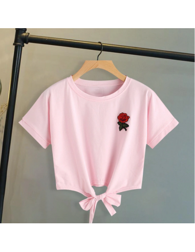 T-shirt court broderie rose