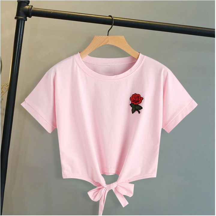 T-shirt court broderie rose