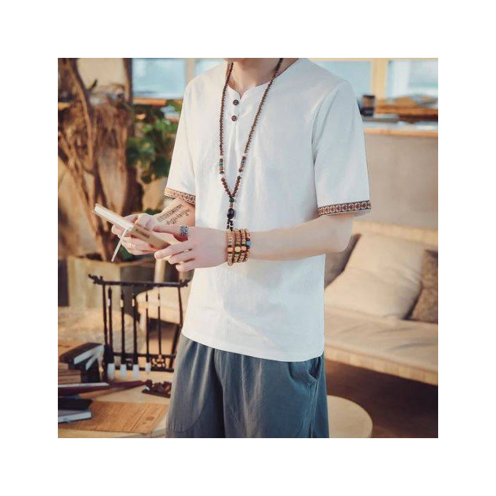 Vêtements japonais et coréens pour homme - T-shirt japonais et coréens pour homme - T-shirt homme avec broderie sur les manches