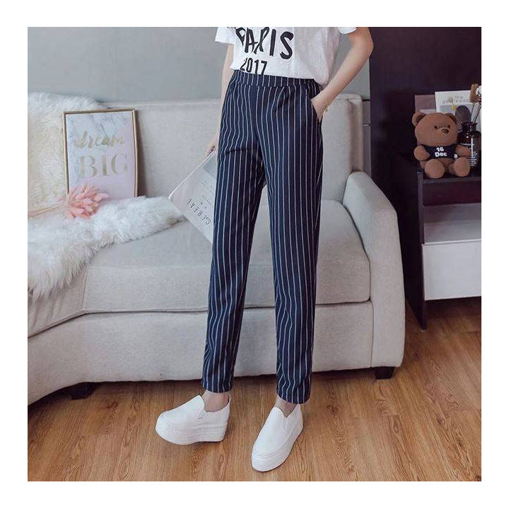 Pantalon Crayon  à rayures bleu marine