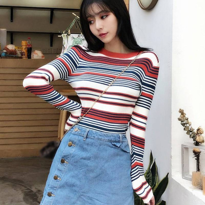 Vêtements japonais et coréens pour filles - Pulls japonais et coréens pour femmes - Pull rayure Coreen