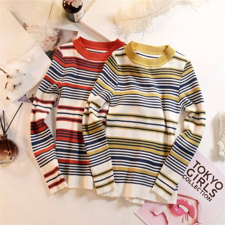 Vêtements japonais et coréens pour filles - Pulls japonais et coréens pour femmes - Pull rayure Coreen