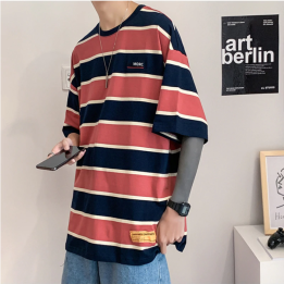 Vêtements japonais et coréens pour garçons - T-shirt japonais et coréens pour hommes - T-Shirt à Rayure Large Senotakai