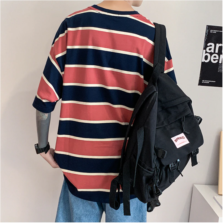 Vêtements japonais et coréens pour garçons - T-shirt japonais et coréens pour hommes - T-Shirt à Rayure Large Senotakai