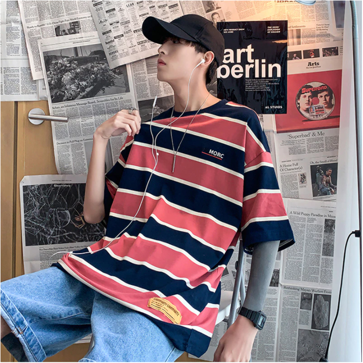 Vêtements japonais et coréens pour garçons - T-shirt japonais et coréens pour hommes - T-Shirt à Rayure Large Senotakai