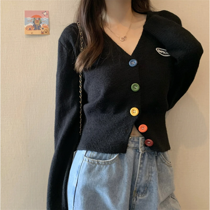 Vêtements japonais et coréens pour filles - T-Shirts japonais et coréens pour femmes - Gilet Court Boutonné Karudigan