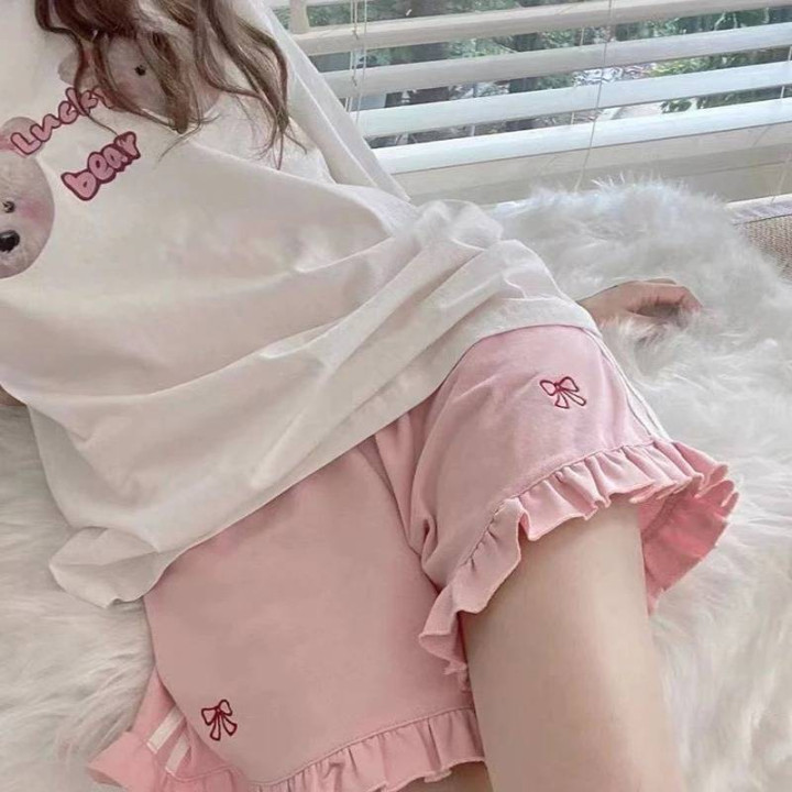 Vêtements japonais et coréens pour filles - Pantalons japonais et coréens pour femmes - Short Rose à Volants
