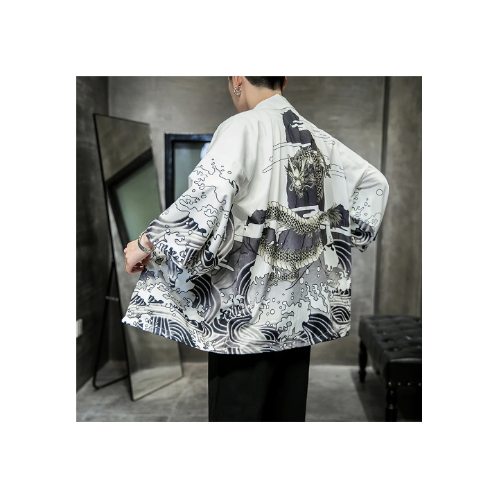 Vêtements japonais et coréens pour hommes - Kimono Dragon Blanc