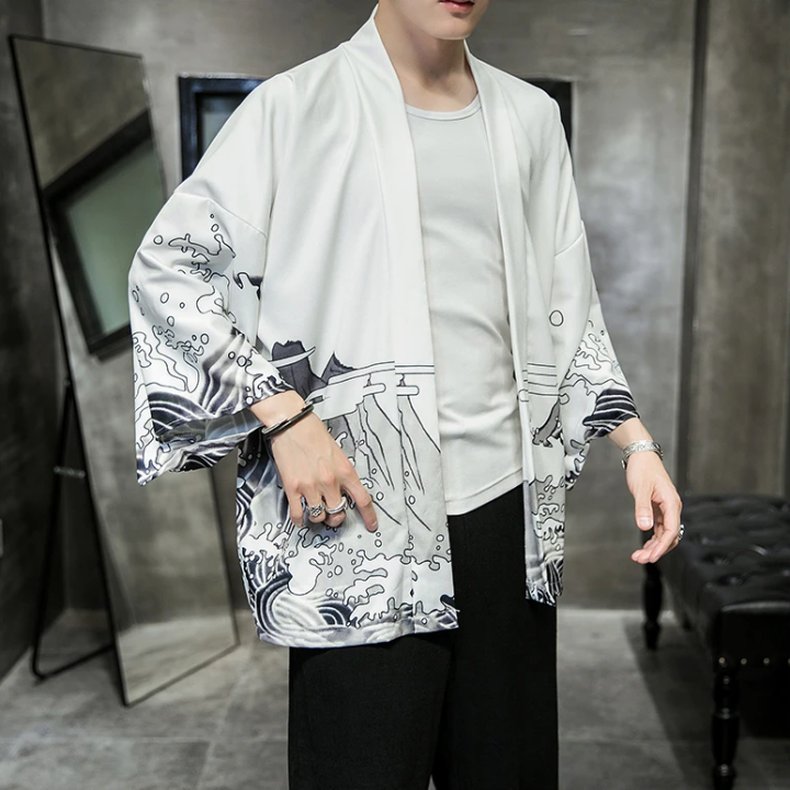 Vêtements japonais et coréens pour hommes - Kimono Dragon Blanc