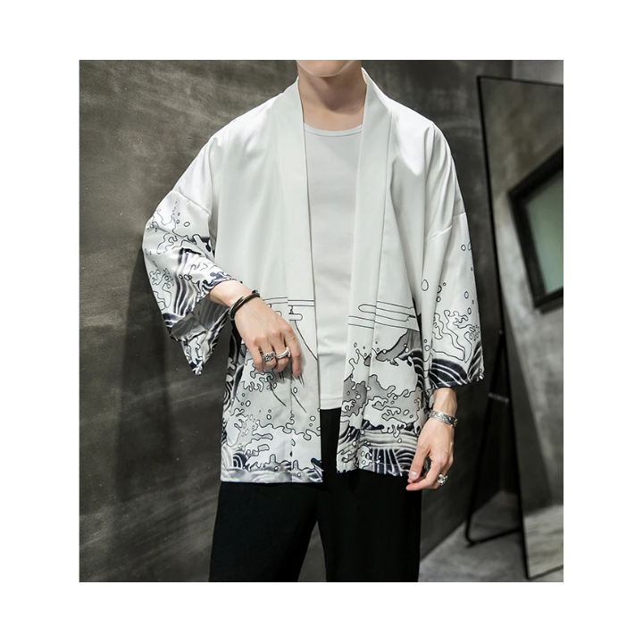 Vêtements japonais et coréens pour hommes - Kimono Dragon Blanc