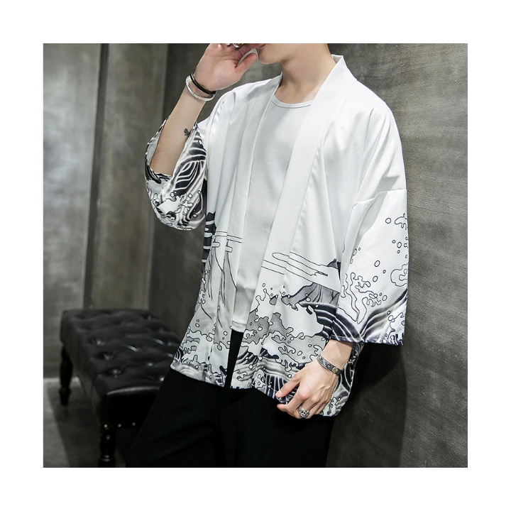 Vêtements japonais et coréens pour hommes - Kimono Dragon Blanc