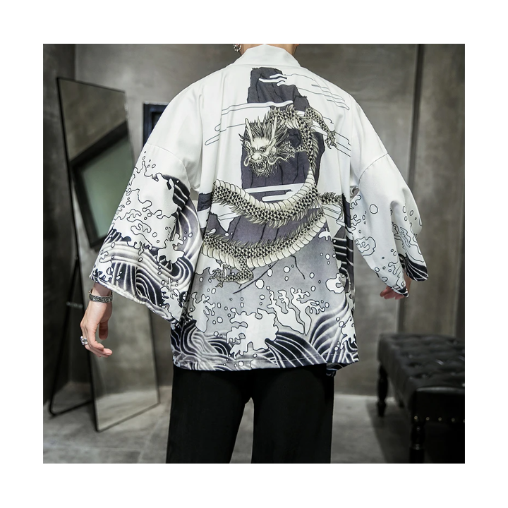 Vêtements japonais et coréens pour hommes - Kimono Dragon Blanc
