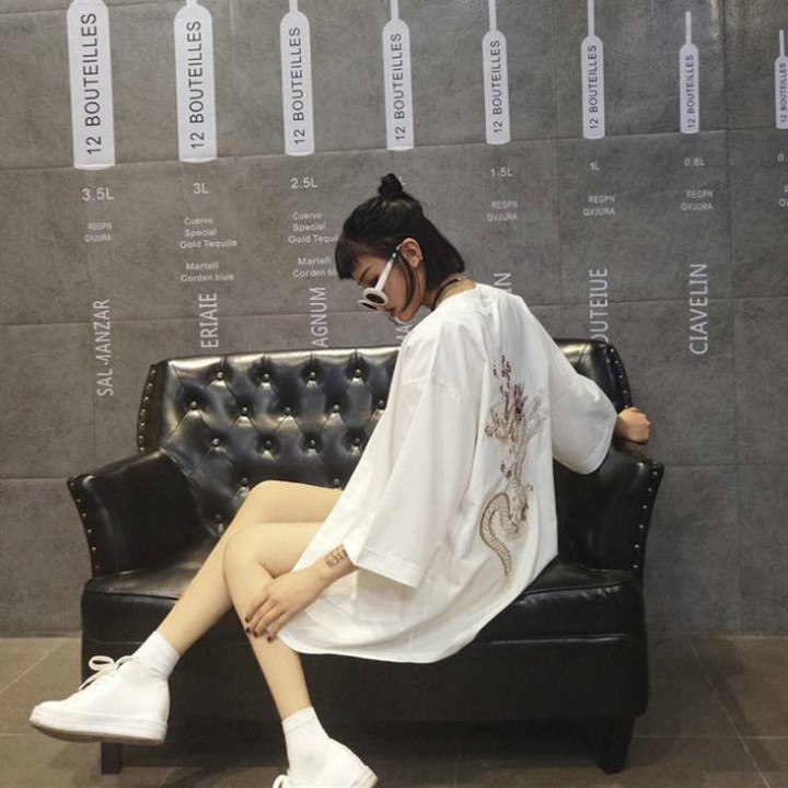 Vêtements japonais et coréens pour filles - Kimonos japonais et coréens pour femmes - Kimono vintage été Harajuku dragon broderi