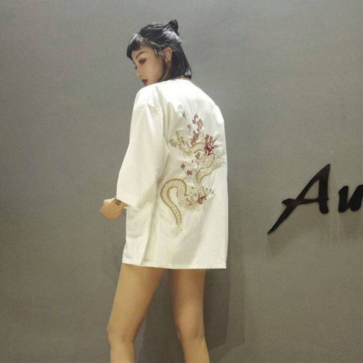 Vêtements japonais et coréens pour filles - Kimonos japonais et coréens pour femmes - Kimono vintage été Harajuku dragon broderi