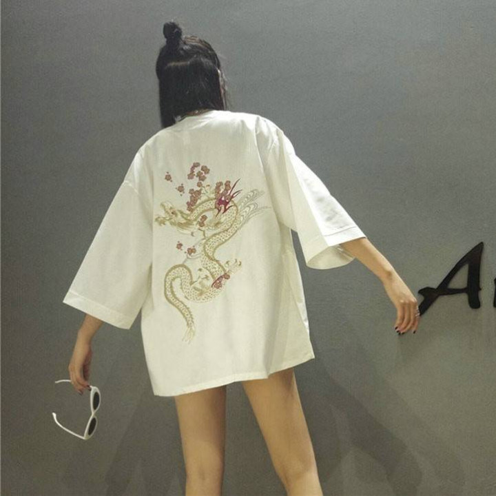 Vêtements japonais et coréens pour filles - Kimonos japonais et coréens pour femmes - Kimono vintage été Harajuku dragon broderi
