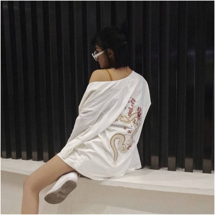 Vêtements japonais et coréens pour filles - Kimonos japonais et coréens pour femmes - Kimono vintage été Harajuku dragon broderi