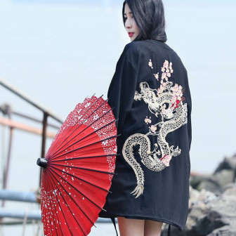 Vêtements japonais et coréens pour filles - Kimonos japonais et coréens pour femmes - Kimono vintage été Harajuku dragon broderi