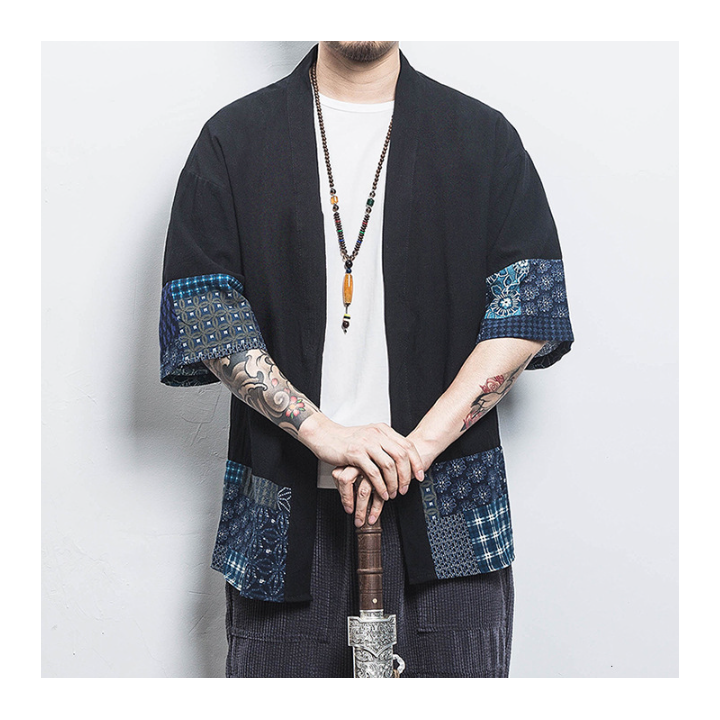 Chemise Kimono Noir à Imprimé Bleu
