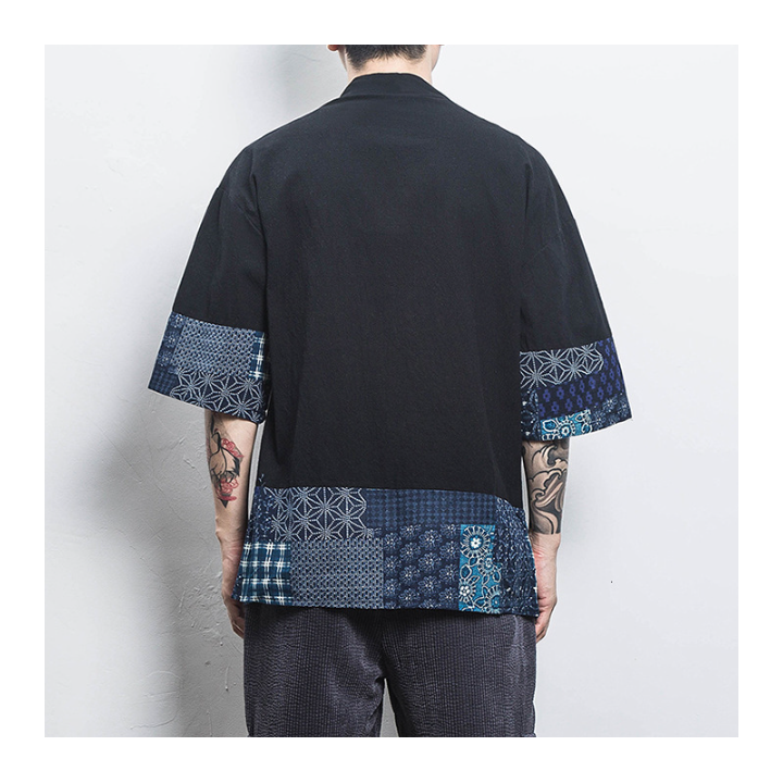 Chemise Kimono Noir à Imprimé Bleu