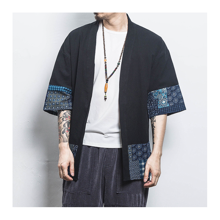 Chemise Kimono Noir à Imprimé Bleu