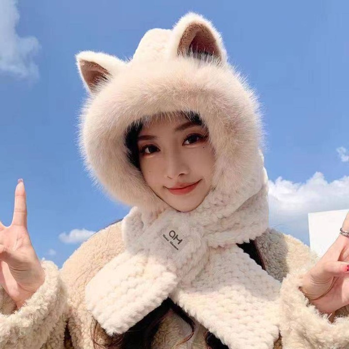 Bonnet Écharpe Kawaii Beige avec Oreilles de Chat
