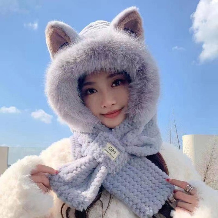 Bonnet Écharpe Kawaii Gris avec Oreilles de Chat