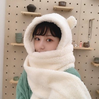 Bonnet Écharpe Kawaii Blanc avec Oreilles d'Ourson