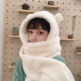 Bonnet Écharpe Kawaii Blanc avec Oreilles d'Ourson