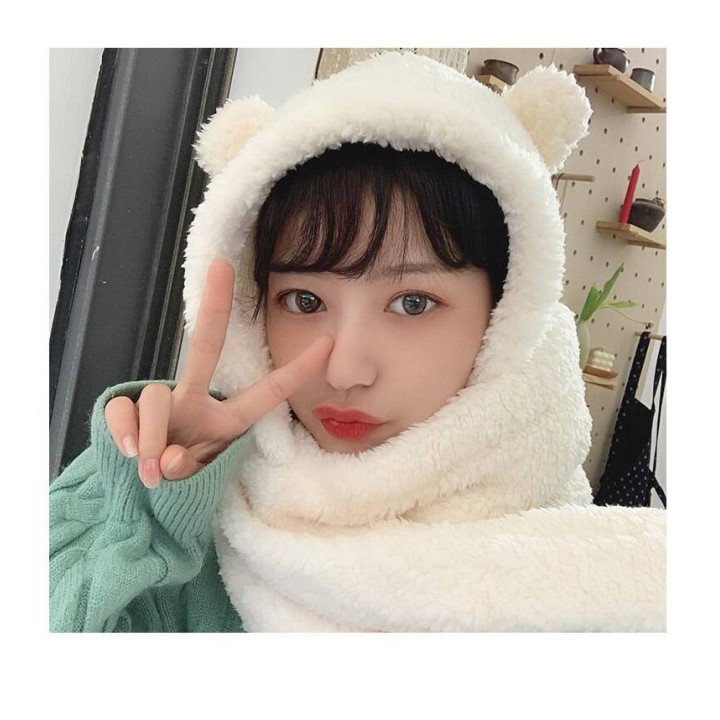Bonnet Écharpe Kawaii Blanc avec Oreilles d'Ourson
