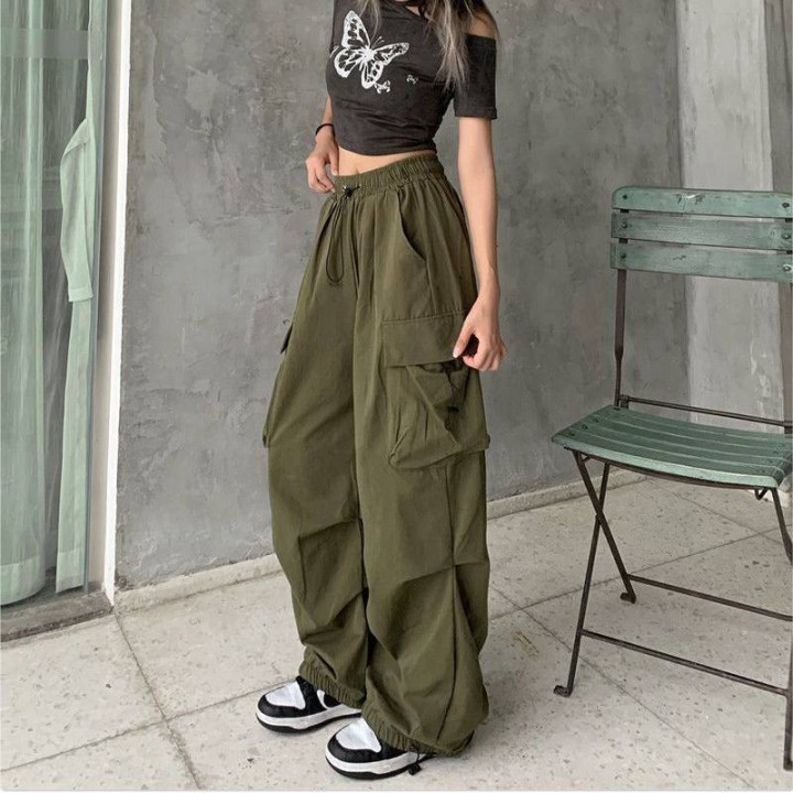 Vêtements japonais et coréens pour filles - Vêtements japonais et coréens pour filles - Pantalon Rétro Cargo Kaki